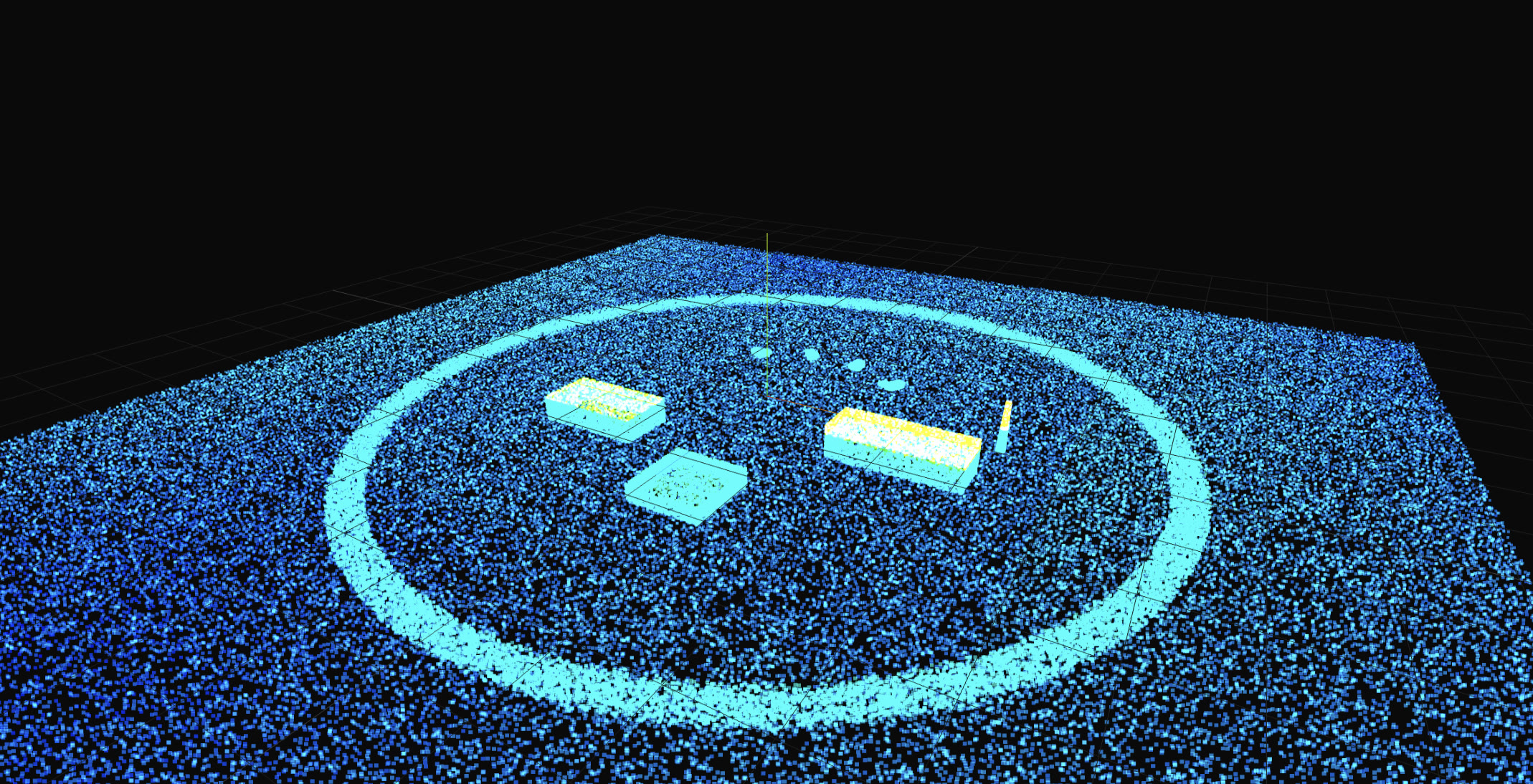 A LiDAR point cloud resolving terrain and structures inside a circular area of interest.