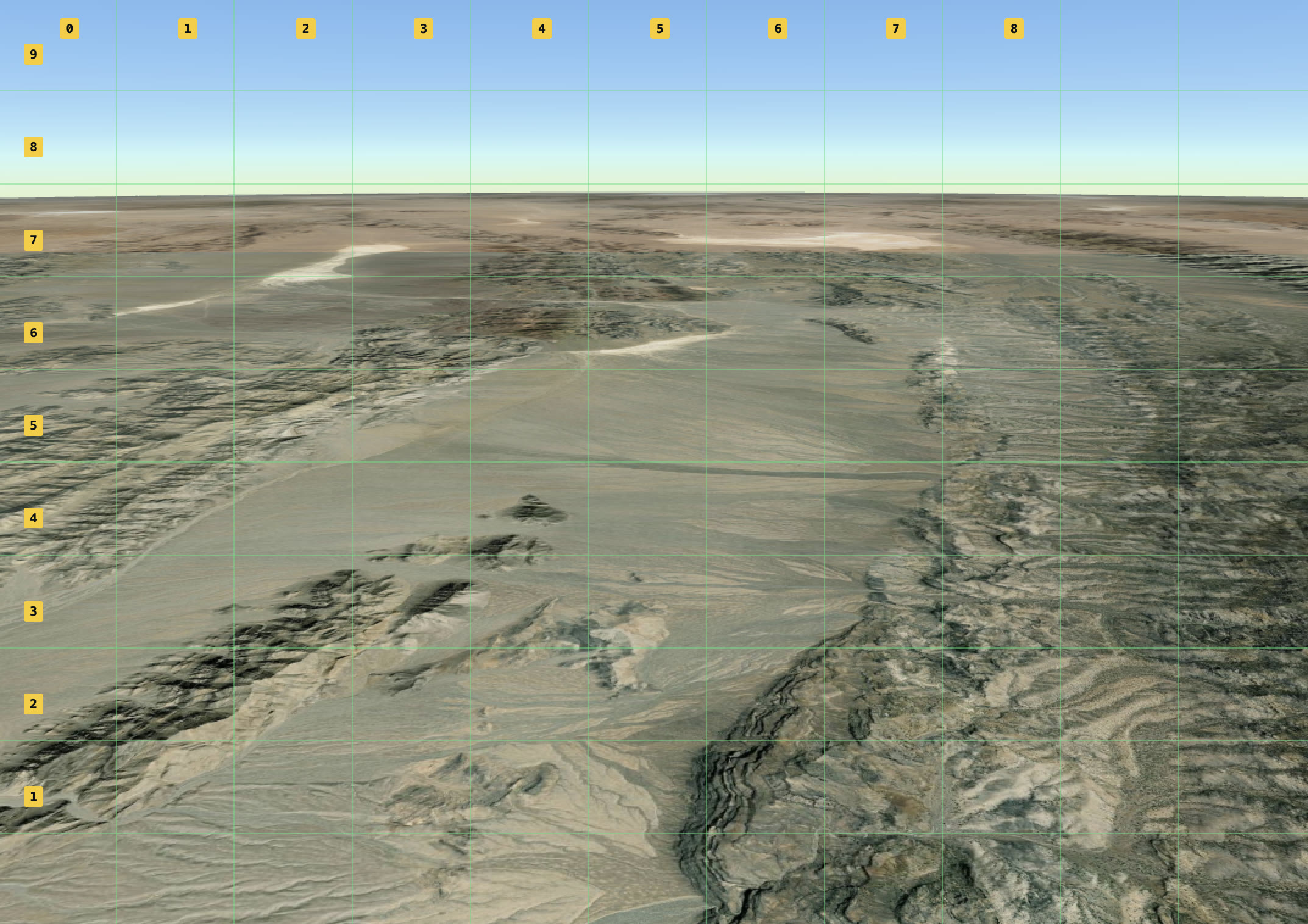 A gridded three-dimensional terrain view with indexed coordinates.